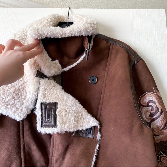 Free People Andies Vegan Moto Jacket Embroidered Floral Brown Bear Small NWT - Picture 5 of 14